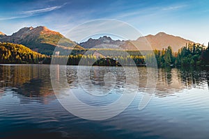 High resolution panorama of a mountain lake in the Tatra Mountains, Strbske Pleso, Slovakia