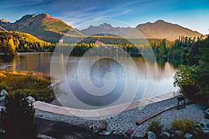 High resolution panorama of a mountain lake in the Tatra Mountains, Strbske Pleso, Slovakia