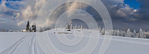 High Resolution Panorama Sunset with heavily snowed trees, Pangarati Peak, Harghita, Transylvania, Romania, Europe, HDR