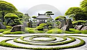 High-resolution photo of a botanical garden landscape featuring a variety of ornamental plants and neatly trimmed green hedges