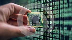 Businessman's Hand Holding Digital Chip in Front of Binary Code: Cyber Security, Business Technology, AI & Big Data Conc