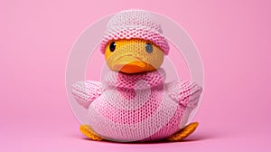 High Resolution Pink Knitted Duck Toy On Pink Background photo