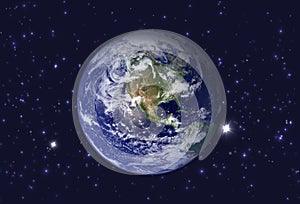 High Resolution Planet Earth view. The World Globe from Space in a star field showing the terrain. Elements of this