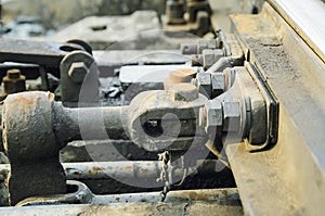 High resolution rusty bolts and screws on abandoned railroad train track