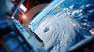 High-resolution satellite image of a massive hurricane eye forming over the ocean with detailed cloud structure