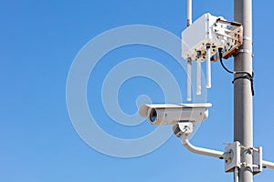 High resolution security camera, blue sky background, copy space