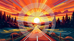 High Resolution Sunset Road In E. Munch Style V5.1