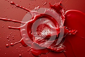 High Resolution Vivid Red Liquid Splash on Seamless Dark Red Background, Dynamic Paint Splash Photography