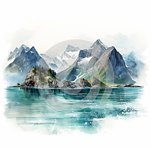 Hyper Realistic Watercolor: Mountain Scene By The Sea photo
