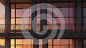 A high-rise balcony with soft sunset reflections on its glass windows