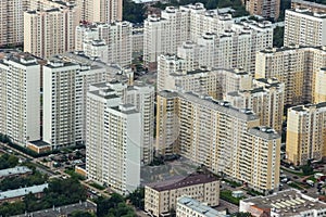 High-rise building, dwelling houses, bird`s eye view.