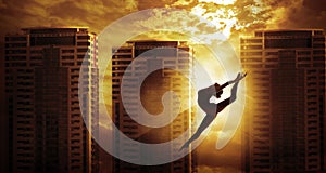 High Rise Building Sport Woman Dancing Jump, Dancer Silhouette