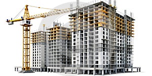 High-rise building under construction with crane modern architecture and development isolated on white background