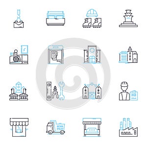High-rise buildings linear icons set. Skyscraper, Tower, Height, Elevator, View, Architecture, Construction line vector