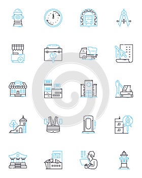 High-rise buildings linear icons set. Skyscraper, Tower, Height, Elevator, View, Architecture, Construction line vector photo
