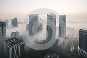 high-rise buildings, modern architecture and towering skylines on a misty morning