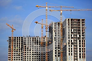 High-rise construction cranes and array of buildings under construction