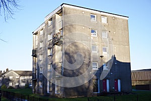 High rise council flat in deprived poor housing estate in Cardonald, Glasgow