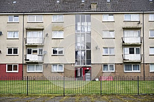 High rise council flat in deprived poor housing estate in Cardonald, Glasgow