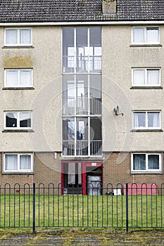 High rise council flat in deprived poor housing estate in Cardonald, Glasgow