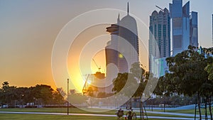 The high-rise district of Doha timelapse at sunset