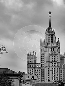 High-rise landmark residential building on Kotelnicheskaya Embankment at Yauza in 1938-1952 in Moscow is one of seven realized by