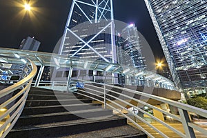 High rise office buildings in downtown district of Hong Kong city at night