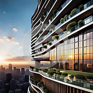 high-rise resedential building with a unique form and facade, featuring terraces and stunning views