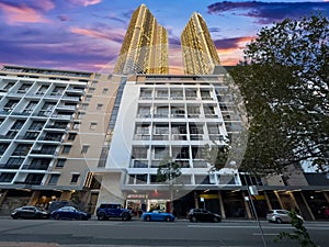 High rise residential appartments on Parramatta River at Sunset with colourful skies Sydney NSW Australia