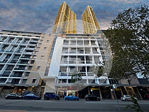 High rise residential appartments on Parramatta River at Sunset with colourful skies Sydney NSW Australia