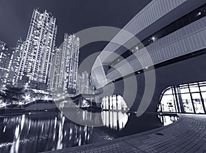 High rise residential building in Hong Kong city at night