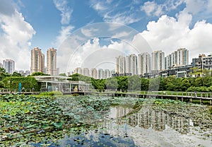 High rise residential building and natural landmark the Hong Kong Wetland Park