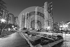 High rise residential building and park in public estate in Hong Kong at night