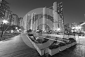 High rise residential building and park in public estate in Hong Kong at night