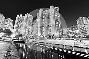 High rise residential building and public park in Hong Kong city at night