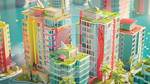 high-rise urbdevelopment with green roofs and energy-efficient systems, showcasing a commitment to global carbon neutrality