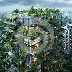 high-rise urbdevelopment with green roofs and energy-efficient systems, showcasing a commitment to global carbon neutrality