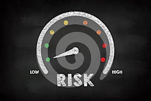 High risk meter, risk measurement at indicator on blackboard