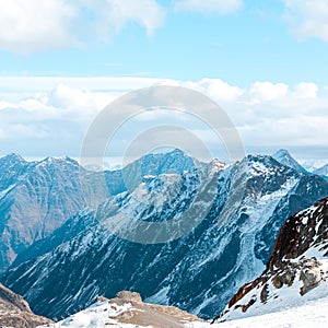 High rocky mountain landscape. Beautiful scenic view of mount. Alps ski resort. Austria, Stubai, Stubaier Gletscher