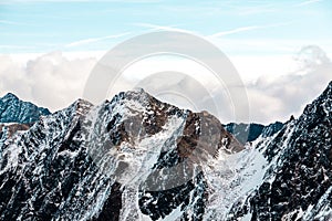 High rocky mountain landscape. Beautiful scenic view of mount. Alps ski resort. Austria, Stubai, Stubaier Gletscher