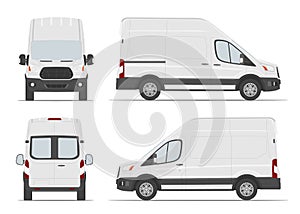 High roof cargo van white color. Side, front, back view. Vector illustration