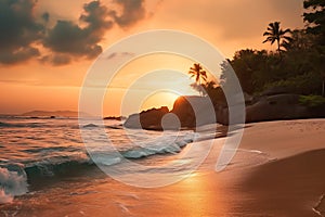 high saturation, cartoon, palm trees along the beach, ocean, Scenic View Of Shore And Sea Against Sky at sunset