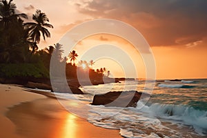 high saturation, cartoon, palm trees along the beach, ocean, Scenic View Of Shore And Sea Against Sky at sunset