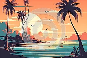 high saturation, cartoon, palm trees along the beach, ocean, Scenic View Of Shore And Sea Against Sky at sunset