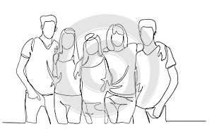 High school class of friends standing together and hugging line vector drawing illustration. Group of friends cuddling each other