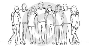 High school class of friends standing together - one line drawing