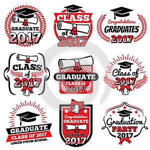 High school and college graduation, off to school vector logos and labels set