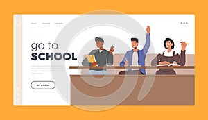 High School Education Landing Page Template. Students Listening Lecture in University Or College Hall Sitting on Tribune