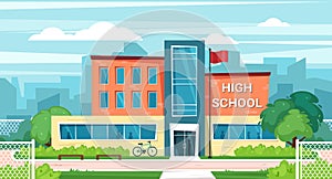 high school facade. urban landscape background with institute or university building. Vector cartoon city municipal