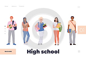 High school landing page design template for online service providing modern educational process